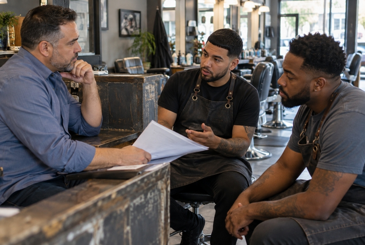 Shop owner and two barbers discuss paperwork near a reception counter with empty barber chairs behind them.