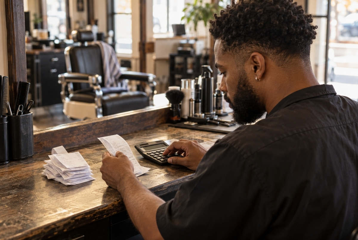 Barber reviewing a receipt and using a calculator at a worn wooden workstation, with an empty chair reflected in the mirror.