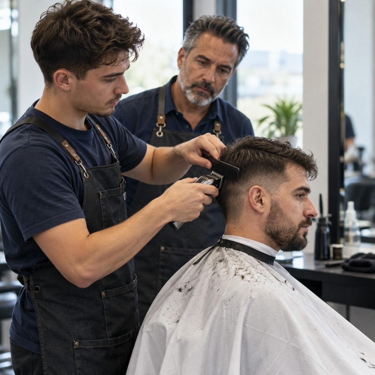 Barber trainee using clippers and a comb on a seated client while an instructor closely observes the haircut.