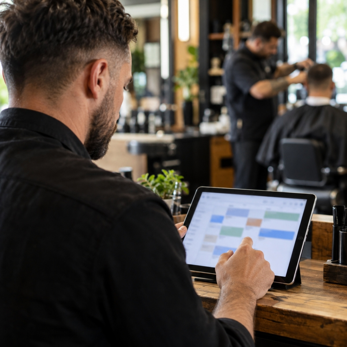 Barbershop owner checks a tablet appointment calendar at reception while a barber cuts a seated client’s hair in the background.